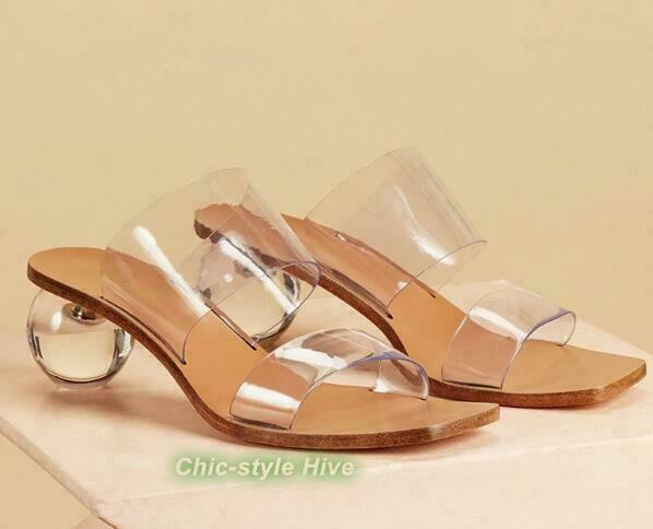 Womens Sandals Shoes Slippers Crystal Transparent Crystal Med Ball Heel Holiday