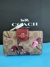 NWT Coach Medium Corner Zip Wallet In Signature Canvas With Cherry SV/ Tan Multi