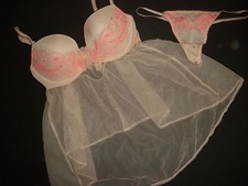 Victoria's Secret 36C BABYDOLL SET M thong nude PINK crystallized DREAM ANGELS