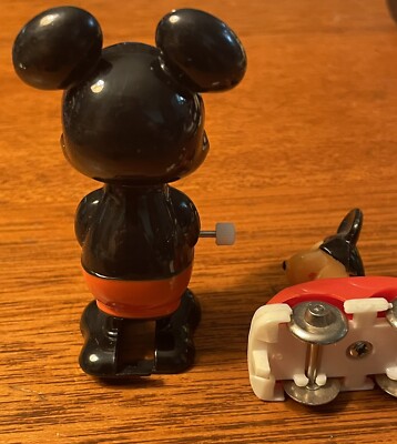 Lot of 2 Vintage Mickey Mouse Toys Car & Wind Up Walking Mickey