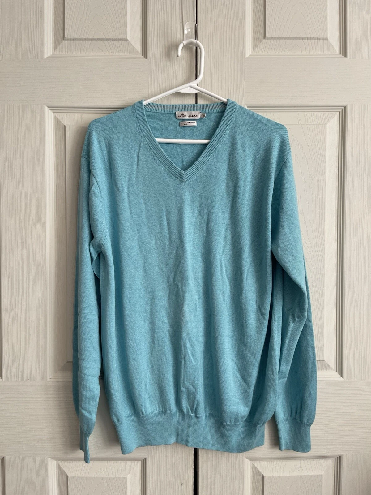 NWOT PETER MILLAR Sweater Sz Large Blue Silk/Cotton/Cashmere Pullover V-Neck Men
