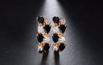 Pear and Round Black Lab-Created Moissanite Party Hoop Earring Rose Gold Plated