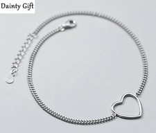 Women Girl 925 Sterling Silver Hollow Heart Love Chain Anklet Bracelet 8.8-10"