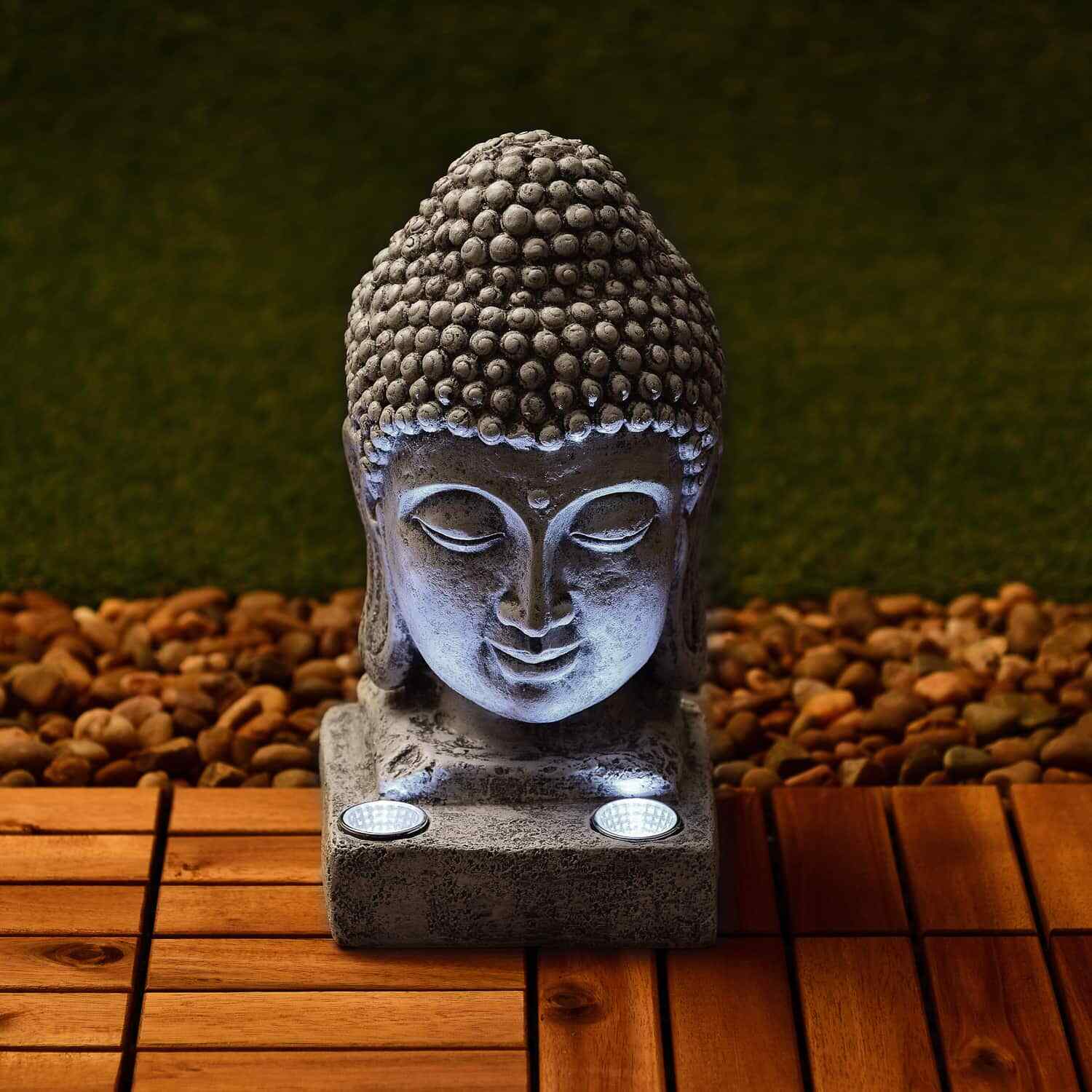 Solar Powered Buddha Head Garden Ornament Decoration Bright Warm White