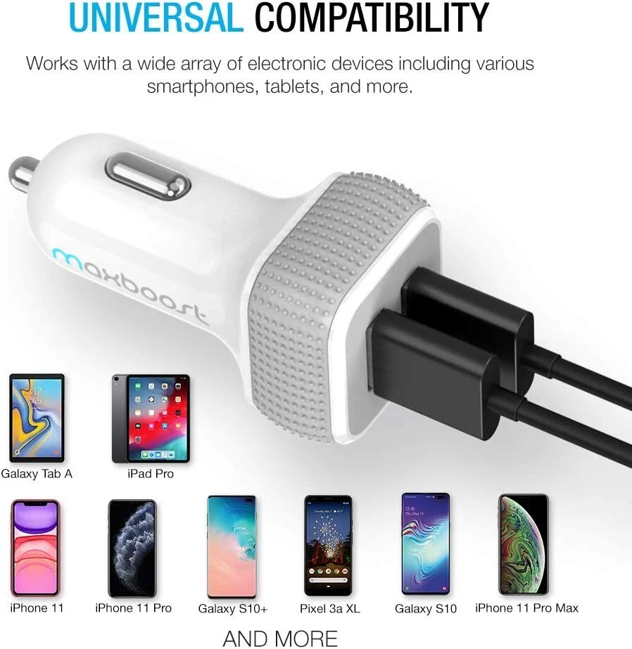 Cargador de Coche Maxboost, Puerto USB DualSmart 4.8A/24W [Blanco/Gris] Para Smartphone Foto 4 de 4