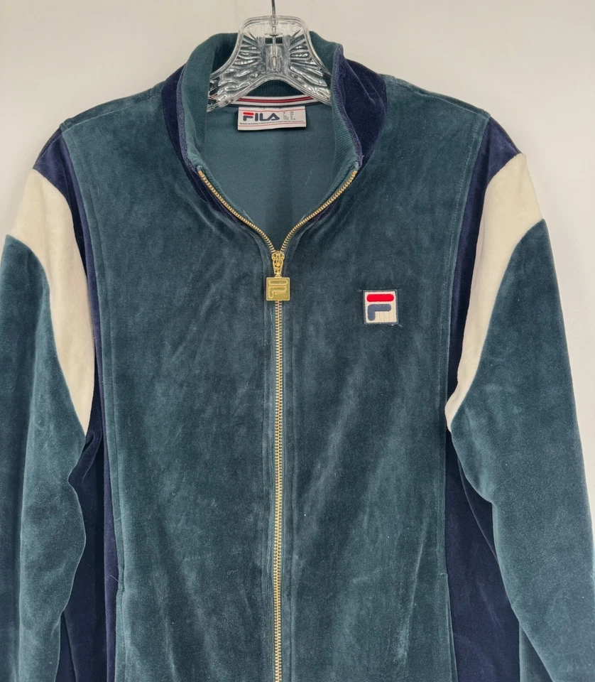 Chaqueta deportiva FILA para hombre verde azul terciopelo cremallera completa manga larga talla M Foto 2 de 4