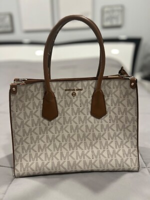 MICHAEL KORS MK white canvas hand-bag tote MK monogram