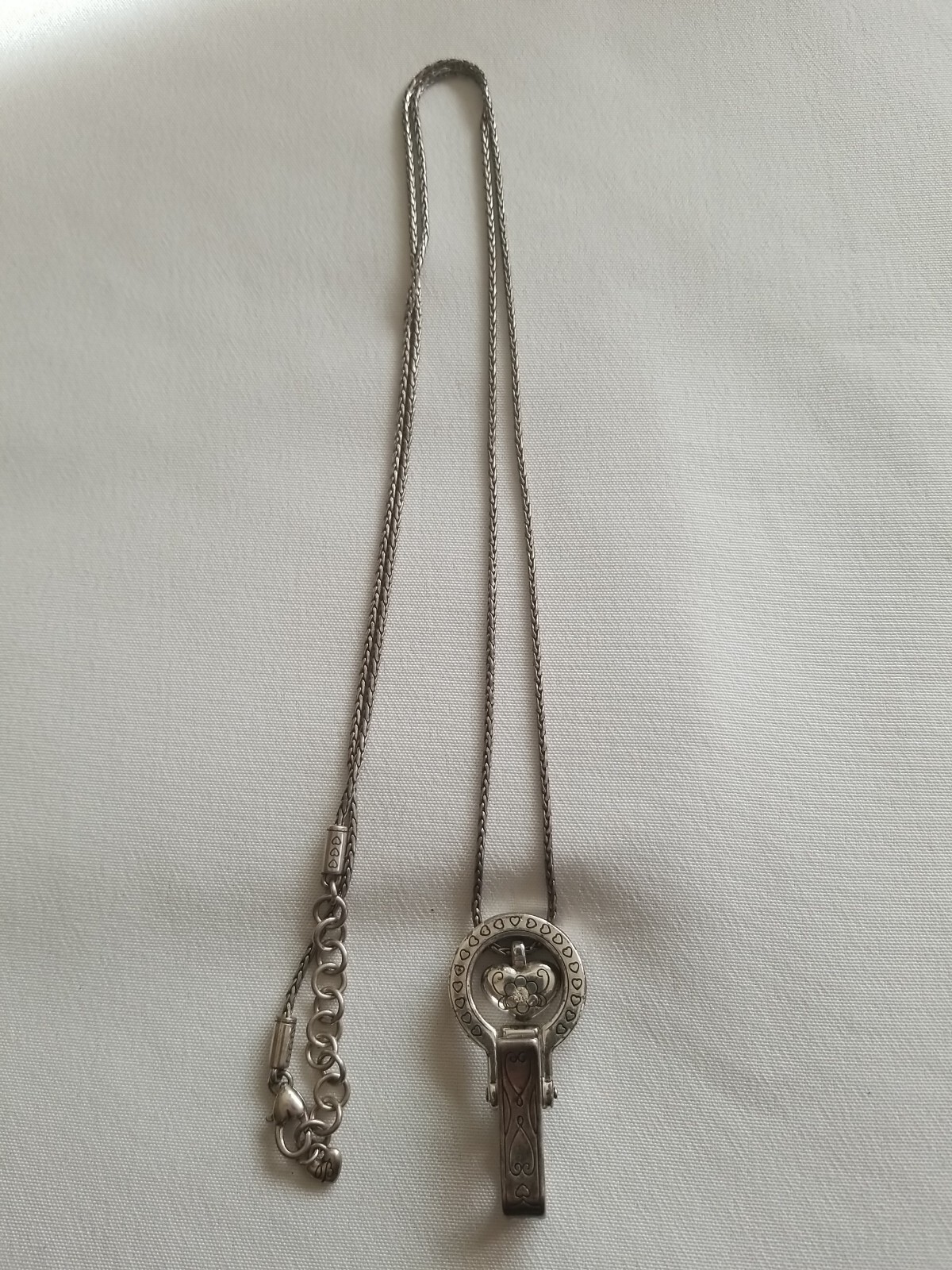 Brighton Badge Clip Long Necklace Silver Tone 3.5" Stylish Jewelry Work