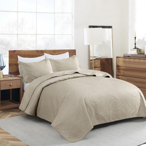 3 Piece Ultrasonic Quilted Bedspread Queen King Size Embossed Coverlet Bed Throw - Picture 68 of 155