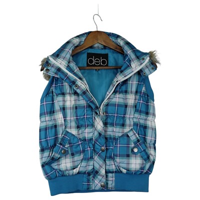 VTG Deb Y2K Retro Puffer Vest Womens L Blue Plaid Faux Fur Lined Hood