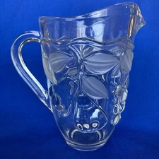 Glass Pitcher 50 oz Raised Relief Fruit Etchings Frosted Leaves