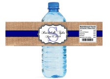 Burlap and Navy Blue Stripe Water Bottle Labels Wedding Anniversary Party Bridal
