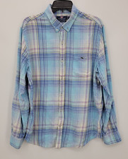 Vineyard Vines Shirt Mens Large Blue Plaid Cotton Linen Slim Fit Tucker Preppy
