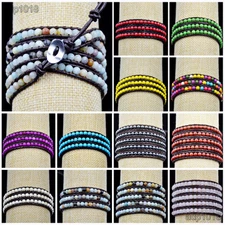 Hot Handmade Mixed Crystal and Gemstones Beads Wrap Leather Bracelet 