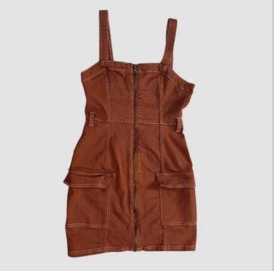 H&M Divided Women s Small Brown Denim Cargo Mini Dress Y2K Front Zip Stretchy