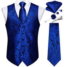 Mens Vest and Tie Set Formal Paisley Waistcoat Small Royal Blue/Black Paisley