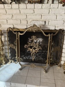 Vintage Ornate Louis XVI Style French Provincial Brass Trifold Fireplace Screen