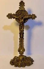 Antique 19th Century French Brass Standing Crucifix Altar Cross Ornate Baroque