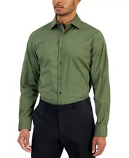 Bar III Dress Shirt Men's 14-14.5 32/33 Olive Green Slim-Fit Geo-Print Stretch
