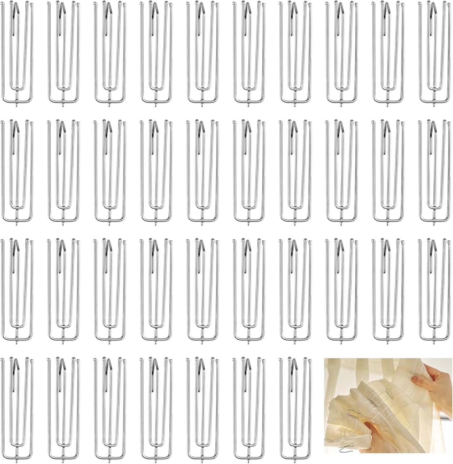 40 Pack Pinch Pleat Curtain Hooks, Stainless Steel Header Tape Pins, Heavy Duty