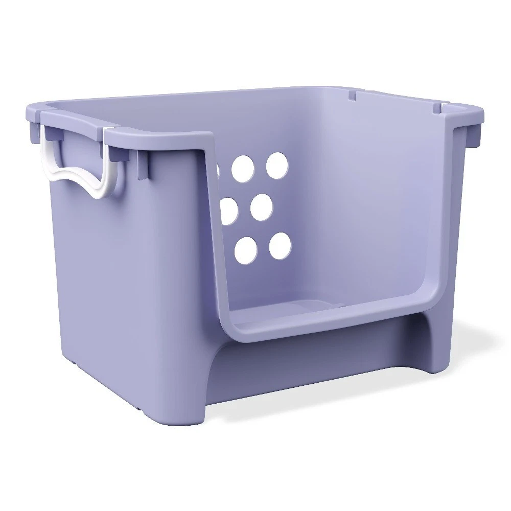 Large Purple Plastic Open Front Stackable Toy Storage Basket with Handles