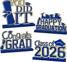 4Pcs Graduation Decorations Class of 2026 Congrats Grad Wooden Blue and Gold