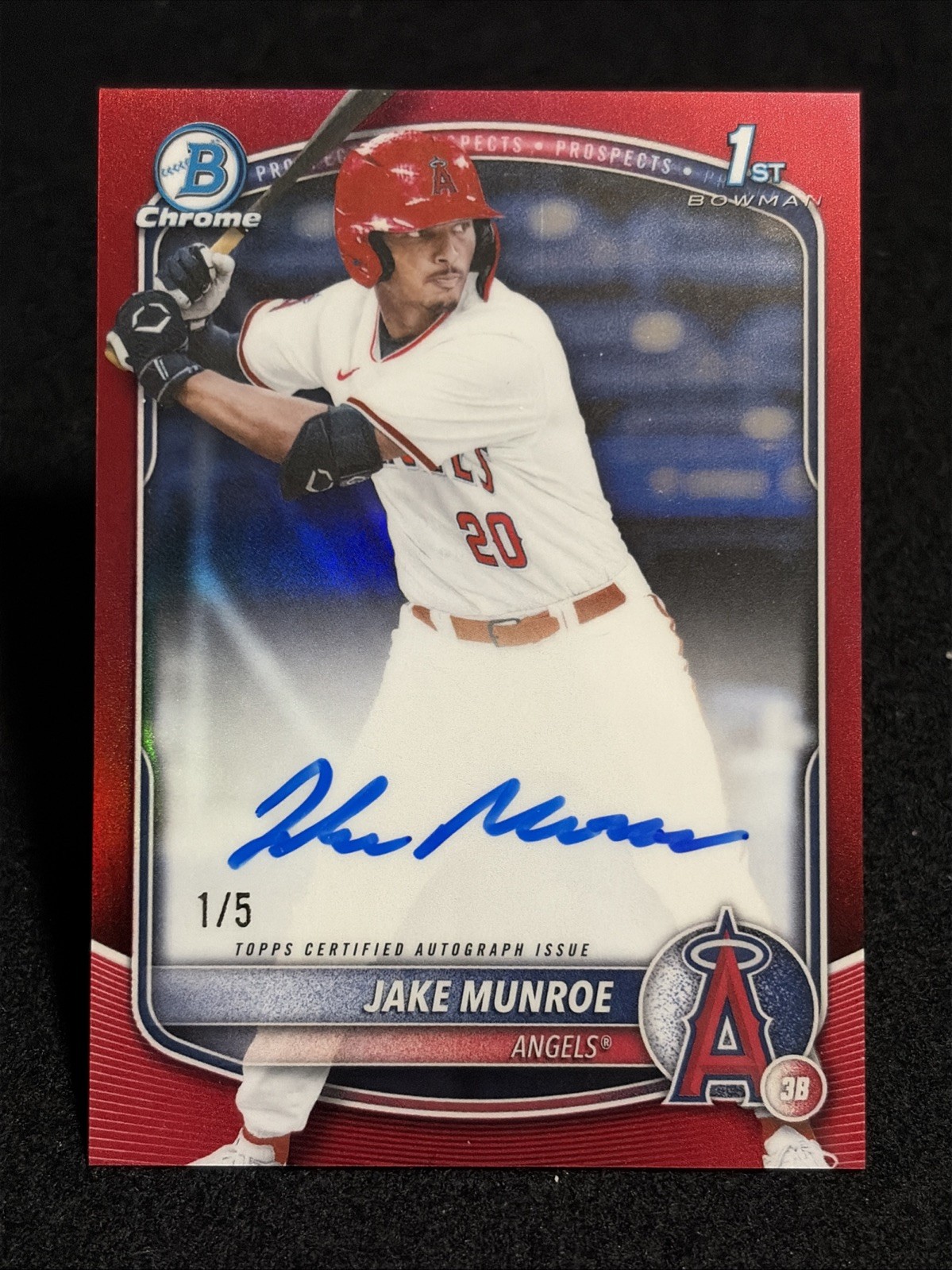 2025 Bowman Draft Chrome Jake Munroe True Red Refractor 1st Auto 1/5 LA Angels