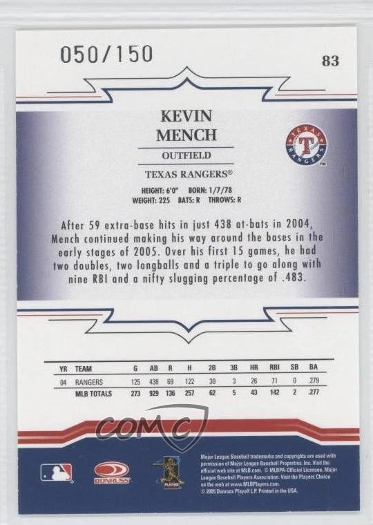 2005 Donruss Throwback Threads Blue Century Proof /150 Kevin Mench #83 - Image 2 of 2