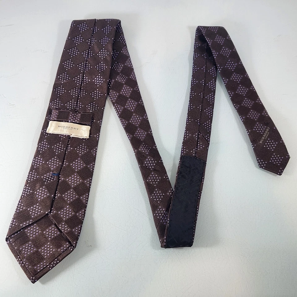 Галстук Burberry London коричневый с фиолетовым пунктирным клетчатым шелковым вырезом - Изображение 2 из 4