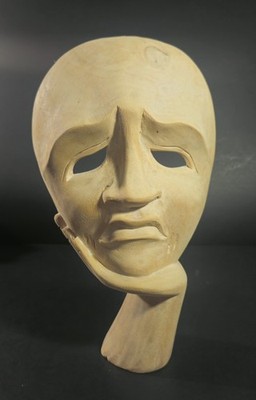 Hand Carved Wood Mask Face in Hand Deep in Thought Theater Sculpture Wall Art 