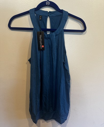 Yesfashion Women Sleeveless Halter Twisted Pleated Tank Blouse Aqua Blue Medium - Picture 4 of 7
