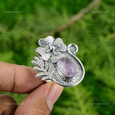 Natural African Amethyst Gemstone Multi Stone Flower Adjustable Ring 925 Silver