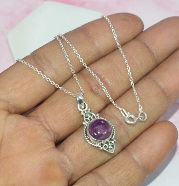 Ametista Viola Rotondo Gemma 925 Argento Sterling Collana San Regalo - Immagine 2 di 4