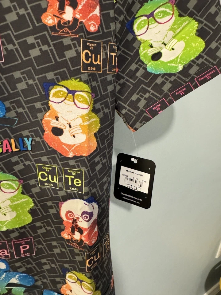 Cherokee Modern Classic Grey Animals Vet Extra Extra Small XXS women scrub Top - Image 4 of 4