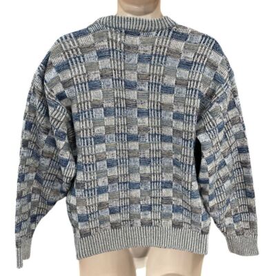 Vtg Sweater Graphix Cardigan Men S Blue 3D Knit Checkered 