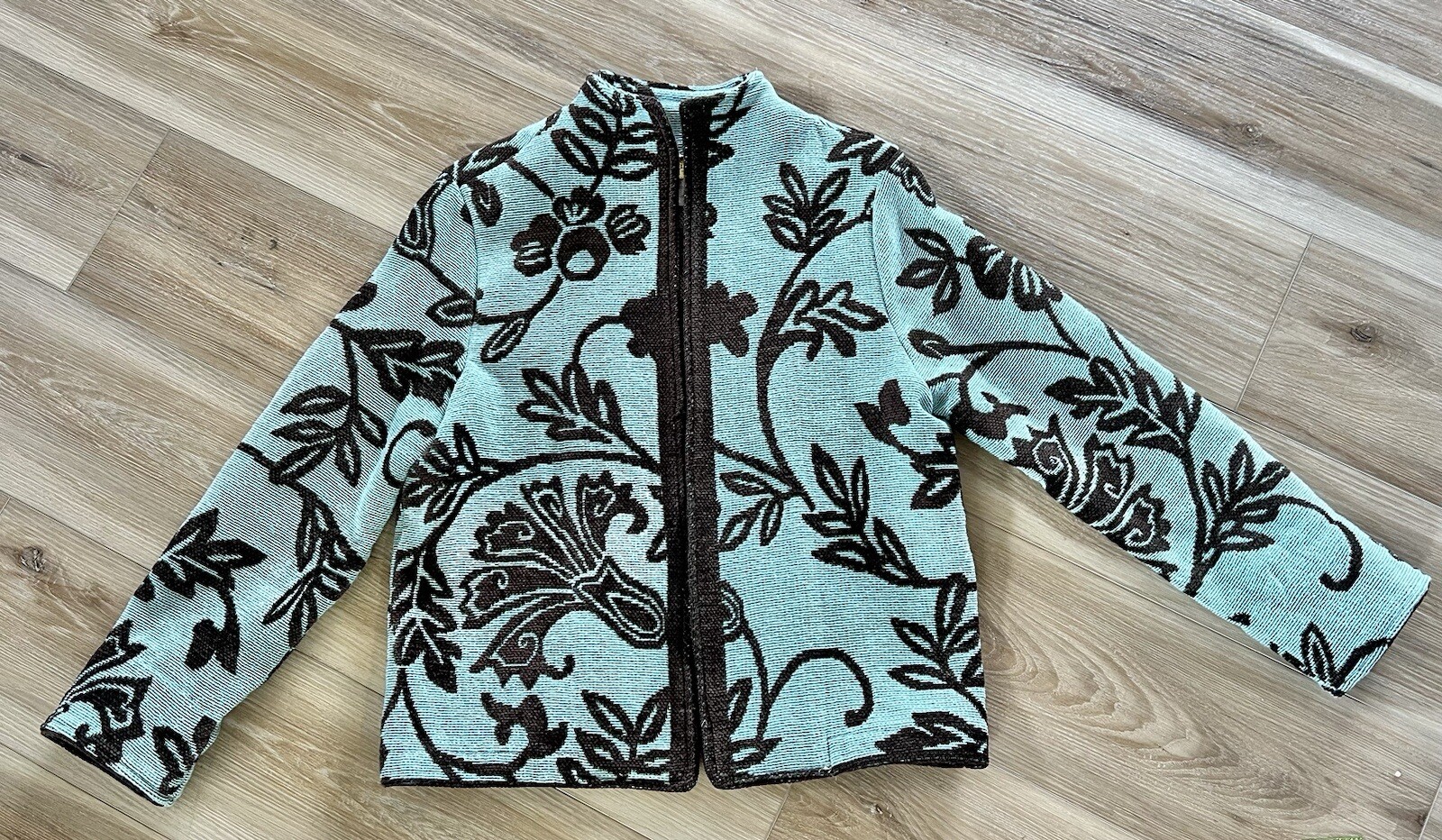 Giacca arazzo pony dipinto cardigan aperto floreale marrone acqua made in USA taglia XS