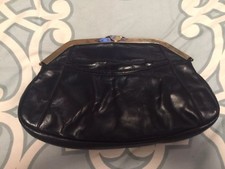 Vintage 80's Glam New Wave Gold Navy Blue Leather Clutch Handbag So Cool