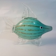 Murano-Style Art Glass Tropical Fish, 10"L x 8" Teal w Stripes