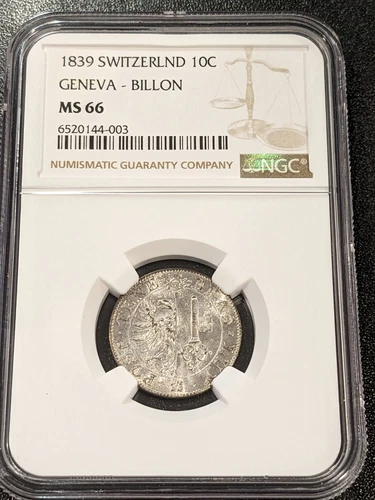 1839 MS66 Switzerland Swiss Canton GENEVA Billon 10 Centimes NGC KM 128 TOP POP