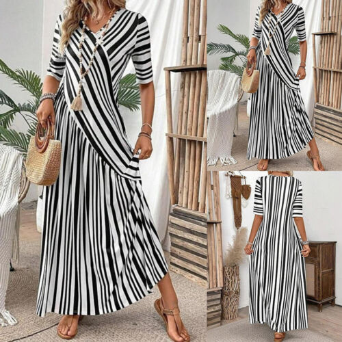 Womens Striped Ankle-Length V-Neck Half Sleeve Maxi Dress Ladies Boho Long Dress