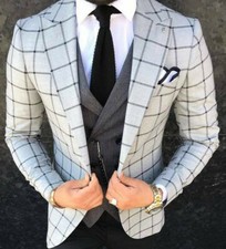 Designer Gentleman Men's Suit Gray Black Checkered Jacket Vest Fitted Slim