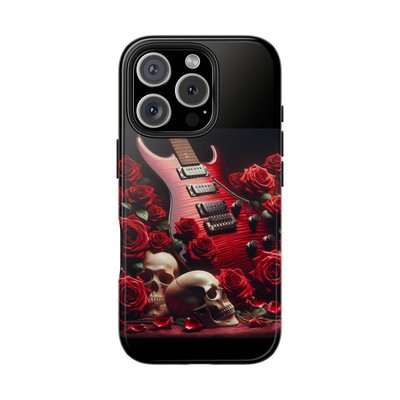 Guitar Roses Tough Phone Case, Rocker Gift, Floral Skull Phone Cover, Edgy Tech