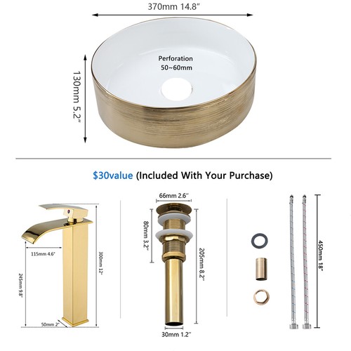 US Round Bathroom Sink Golden Ceramic Basin Waterfall Spout Deck Mount Brass Tap - Picture 2 of 6