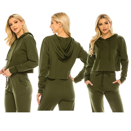 Damen Crop Hoodie Pullover - lässig leicht French Frottee Langarm - Bild 13 von 18