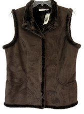 Denim & Co.  Faux Suede Vest Brown Sz Large Snap Front Faux Fur Trim Women EE763