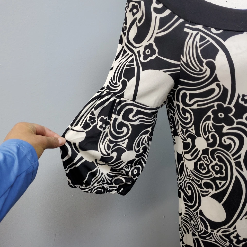 Vestido recto de sangría para mujer 10 negro blanco estampado geográfico cuello redondo cómodo elástico Foto 4 de 4
