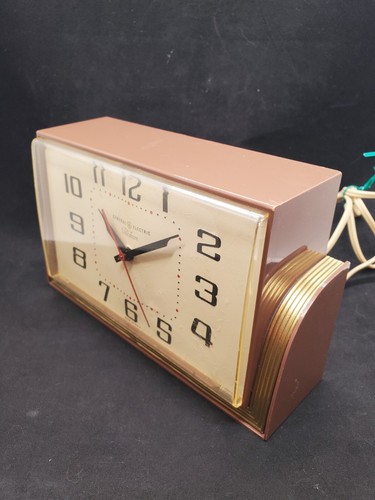 Vintage 1950s Art Deco Hit Rod Brown General Electric Telechron Clock 2H47 Works - Photo 1 sur 12