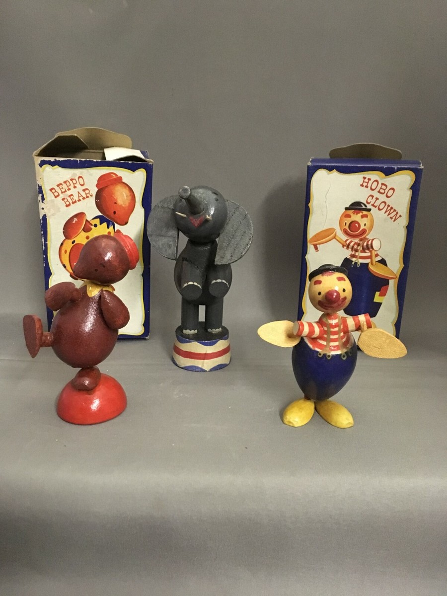 Vintage Antique ? 3 Piece Set Wood Circus Beppo Bear Hobo Clown 