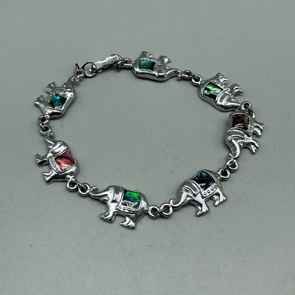 Elephant Bracelet Silver Tone Multicolored Abalone Shell Inlay Trunks Up 7.5" - Image 4 of 4