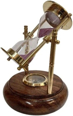 Messing Sand Timer Holzsockel mit Kompass Maritim, hängende Sanduhr 1 Minuten